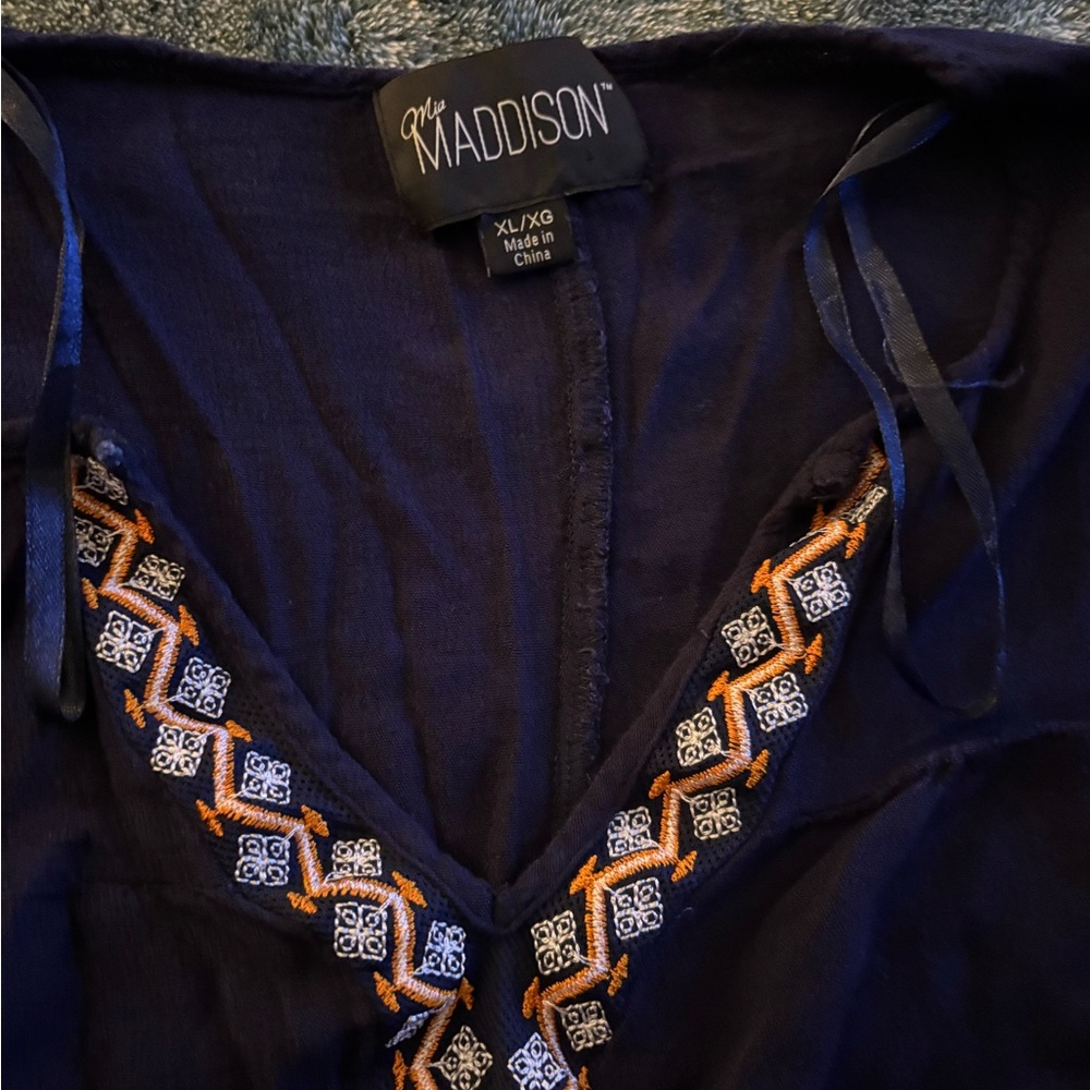 Mia Madison Navy Boho Blouse with Orange and White Embroidery